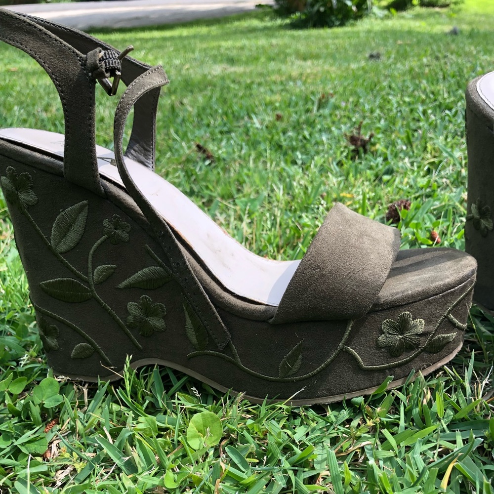 Green MIA floral embroidered wedges!